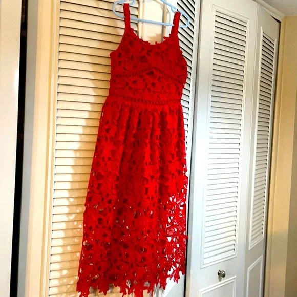 Like New Trixxi Girl Red lace and lined dress, zipper and straps in girls 7.